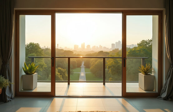 Open balcony doors offer scenic view of park, modern city skyline under dawn light. Nature meets urban living. Plants contrast. Relax on terrace, enjoy tranquility, sunlight, daybreak.