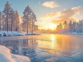 Obraz premium Enchanting Winter: A Frozen Lake's Sunset Reflection with Snow-Kissed Trees in a Tranquil Landscape, Bathed in Golden Sunlight and Serene Beauty