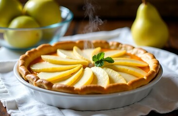 Close-up of a hot pie with a pear, steaming.