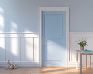 Light and airy child's room with a pastel blue door