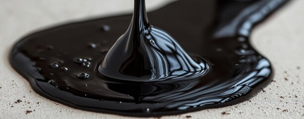 A detailed shot of dense, shiny black liquid, similar to paint or oil, forming smooth, flowing patterns on a reflective surface