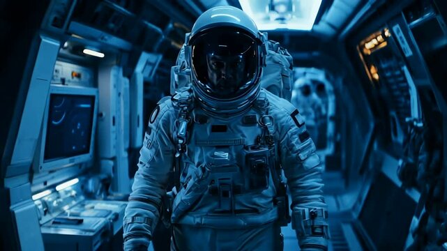 An astronaut skillfully navigating the interior of a futuristic spacecraft while surrounded by advanced technology