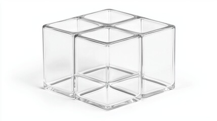 A transparent cube-shaped container with four compartments.
