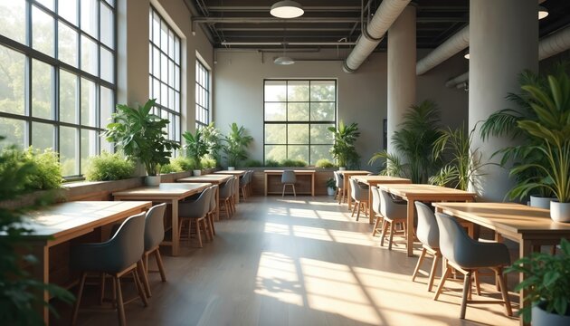 Bright spacious co-working office with wooden tables, comfortable chairs, indoor plants creating green pleasant work environment. Sunlight through window. Shared desks for team collaboration, - Powered by Adobe
