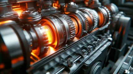 Fototapeta premium A detailed shot of complex metallic gears, illuminated to showcase their intricate textures and interlocking mechanisms in an energetic industrial environment