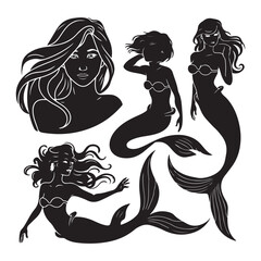  set of vector icon mermaid silhouette