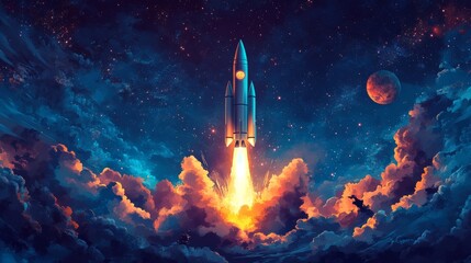 A rocket launching into space against a backdrop of nebula and a distant planet