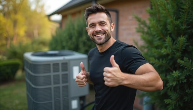 Male repairman in black shirt gives thumbs up near air conditioner. Smiling pro technician checks ac system, provides maintenance, ensures comfort in home. Concept of trust and reliability.