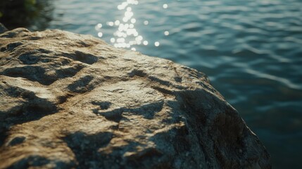 Obraz premium Close-Up of a Textured Rock at the Edge of a Shimmering Water Surface