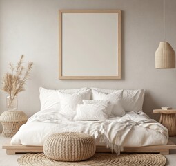 A serene bedroom with a neutral color palette, featuring a large framed art piece, comfortable bedding, and woven accents