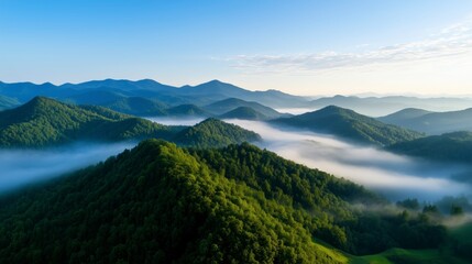 Morning fog blankets rolling hills in a serene mountainous landscape at sunrise