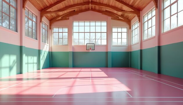 Indoor volleyball court with pink floor, green wall. Wooden ceiling beams, big windows, sun light. Empty gym interior. School sport hall, basketball hoop. Place for rent, training, team plays. - Powered by Adobe