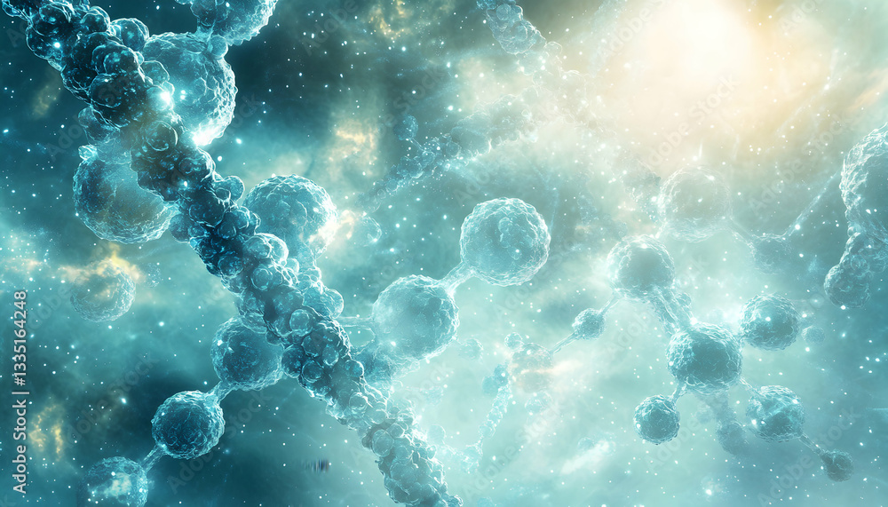 Poster floating molecular structures in a light blue nebula science background