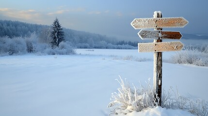 Naklejka premium Frosty winter landscape with wooden directional signs. A pristine snowy field stretches into a background of frosted trees and distant hills on a clear winter morning
