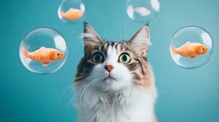Fototapeta premium Floating fish-shaped food bubbles, symbolizing fresh seafood for cats