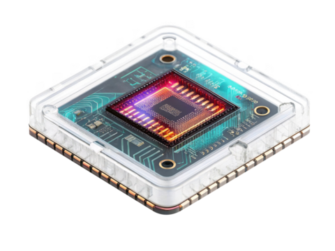High tech microchip with colorful circuitry in transparent casing