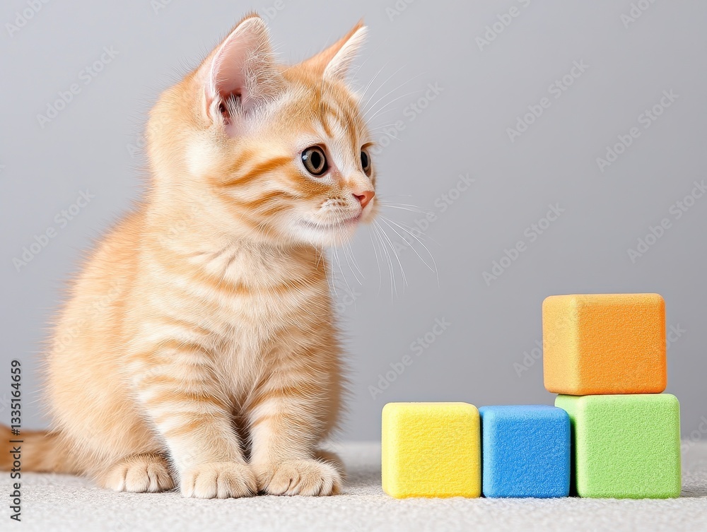 Poster playful orange kitten curiously gazing at colorful building blocks on soft surface