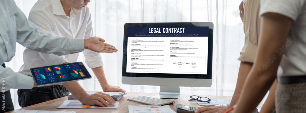 Poster Digital legal contract provide terms and conditions document on computer screen ready for online digital signature for deal agreement of future business brisk