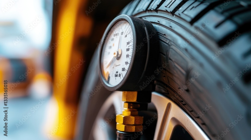 Poster close-up of tire being inflated using air compressor pressure gauge visible in shot offering clean a