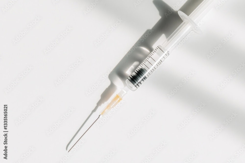 Aufkleber close-up of vaccine syringe placed diagonally on clean white table with soft shadows and generous co