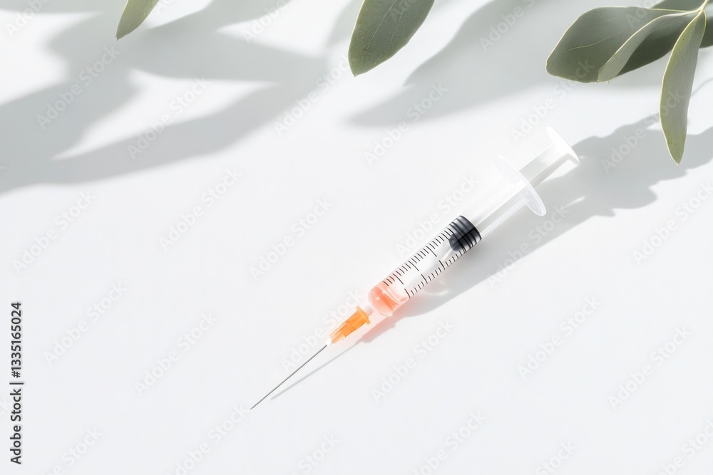 Poster close-up of vaccine syringe placed diagonally on clean white table with soft shadows and generous co