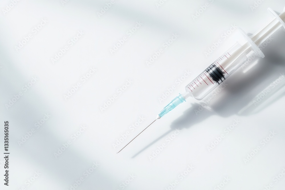 Poster close-up of vaccine syringe placed diagonally on clean white table with soft shadows and generous co
