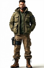 Obraz premium Confident man in stylish tactical jacket, camo pants, accessorized with boots, gear. Modern army fashion. Male stands assertive pose. Urban exploration outfit with robust, hard-wearing, military