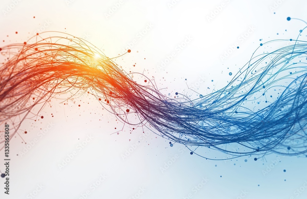 Poster abstract digital network art on white background. blue, orange wavy lines, geometric shapes show con