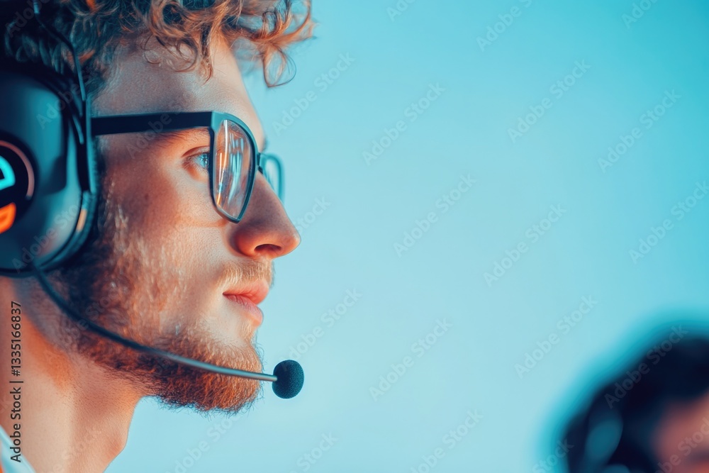 Poster dynamic scene showing professional esports players during intense training session focused expressio