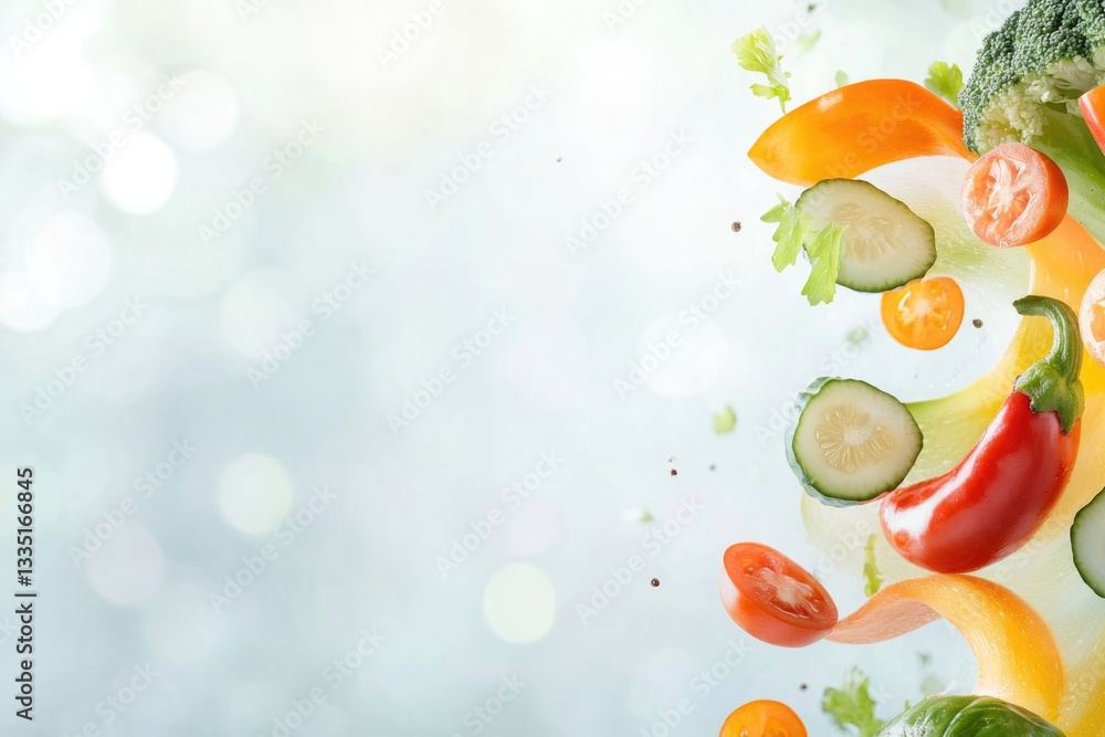 Poster dynamic composition of vegetables forming colorful wave pattern set against blurred abstract backgro