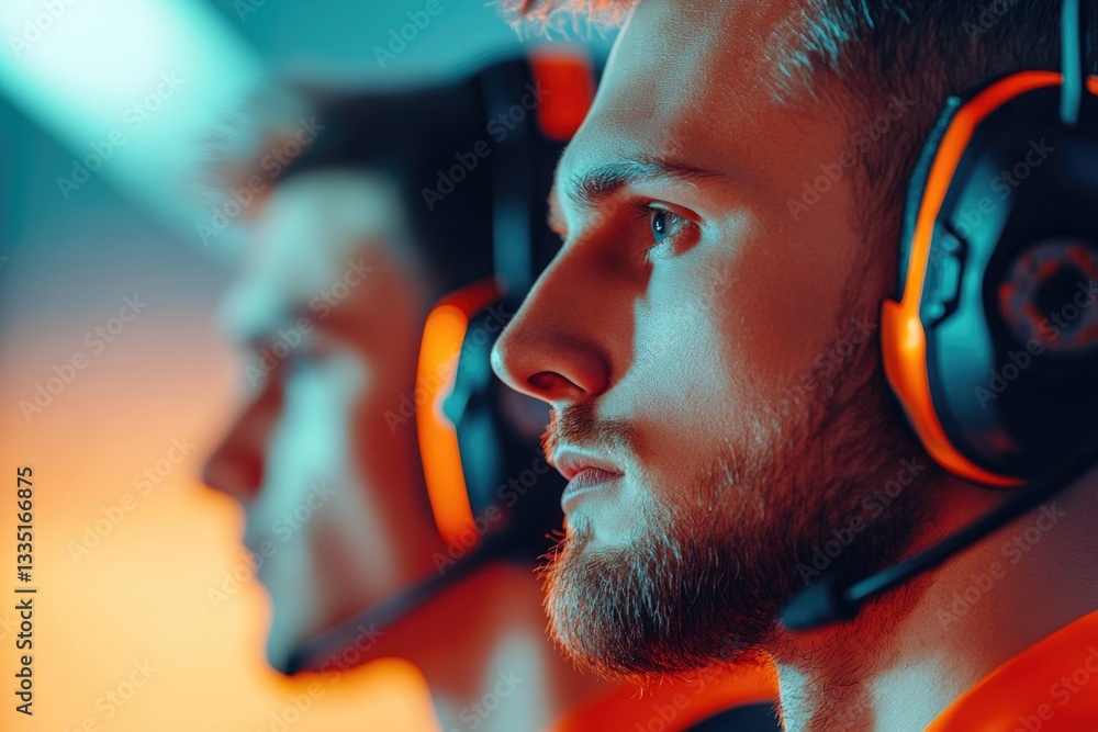 Poster dynamic scene showing professional esports players during intense training session focused expressio