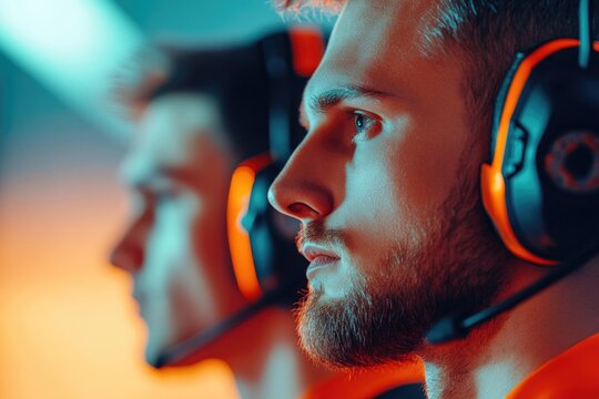 dynamic scene showing professional esports players during intense training session focused expressions and teamwork