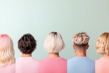 flat design illustration showing series of trendy haircuts arranged aesthetically against solid color backdrop highlighting
