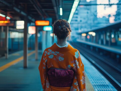 Elegant Woman in Kimono Awaiting Train: A Journey Through Japanese Culture and Urban Exploration at Railway Station, a Travel Destination (SEO)
