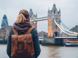 London Calling: A Traveler's Gaze at Tower Bridge, Embracing the City's Charm with Backpack and Scarf, a Perfect Holiday Destination Awaits!