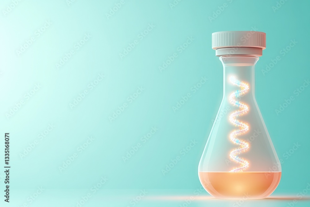 Poster modern vector illustration of futuristic laboratory flask containing single glowing dna strand clean