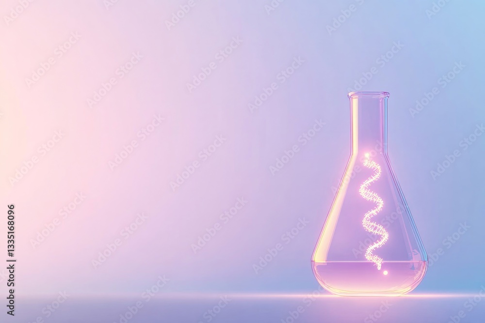 Poster modern vector illustration of futuristic laboratory flask containing single glowing dna strand clean