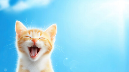 Fototapeta premium Happy ginger kitten with open mouth against a bright blue sky