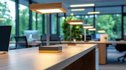 Naklejka premium Adjustable task lights enhance productivity in modern office workspace closeup perspective realistic illumination concept