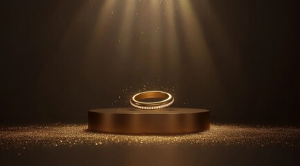 Golden ring on a round podium, illuminated by spotlights