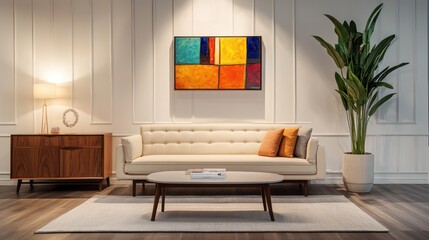 A modern and elegant living room with a combination of white walls and rich wooden floors