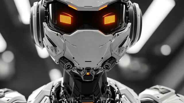 Futuristic robotic warrior with glowing eyes in black and white.