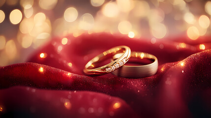 A pair of intertwined gold wedding rings placed on a red silk cloth with soft-focus fairy lights in the background, evoking warmth and romance. Fairy Rings. Illustration
