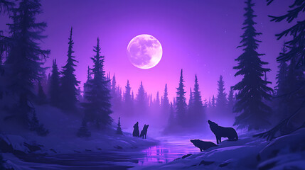 Fototapeta premium A serene night scene featuring wolves by a river under a glowing full moon surrounded by pine trees