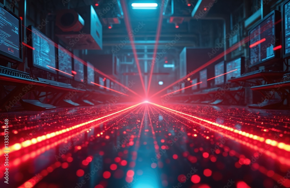 Leinwandbilder quantum experiment in scientific lab. laser beams create glowing red patterns. futuristic tech engin