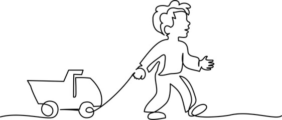 Boy pulling toy truck. Continuous one line drawing.