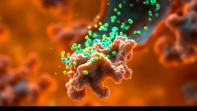 Gut bacteria digesting food, breaking down a food particle. Tiny, colorful bacteria green and yellow swarm over a jagged, brown food fragment, microscopic view.