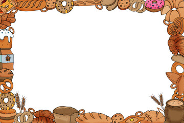 colorful horizontal frame of bread, buns, pies and pastries.