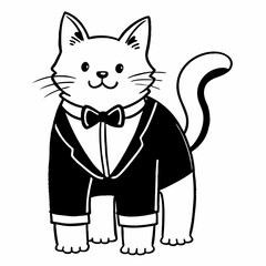 an elegant cat wearing a tuxedo and bowtie, in a simple black and white cartoon