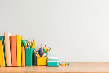 Fototapeta premium wooden desk with colorful children books and educational supplies neatly arranged bright colored pencils and erasers